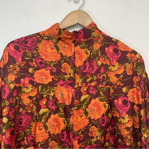 Zara Silk Blouse‎ Top Woman Medium  Purple Floral High Neck Colorful Tropical - Picture 5 of 13